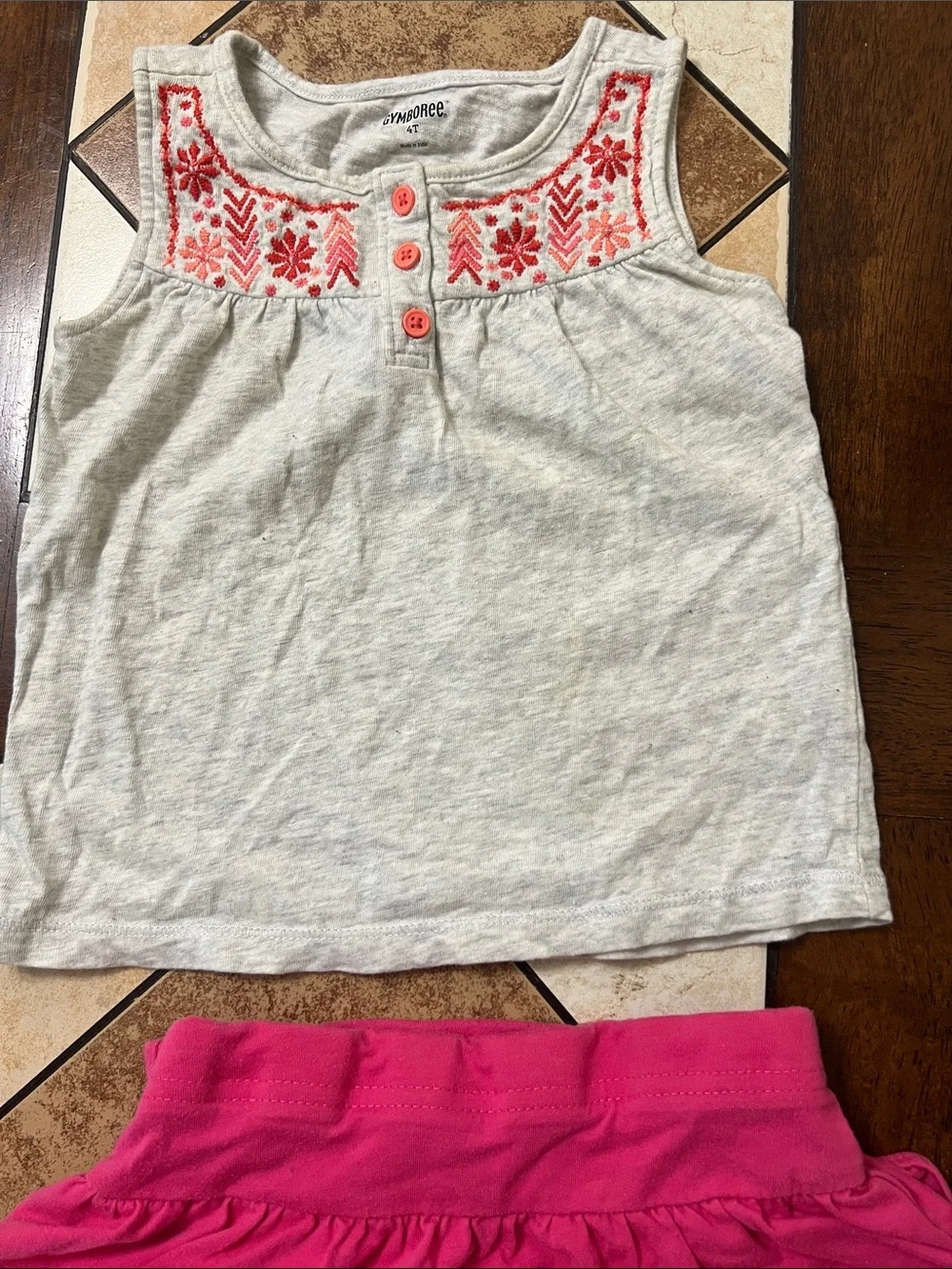 Gymboree Cream Tank Top with Pink Embroidered Yoke and Hot Pink Skirt Set